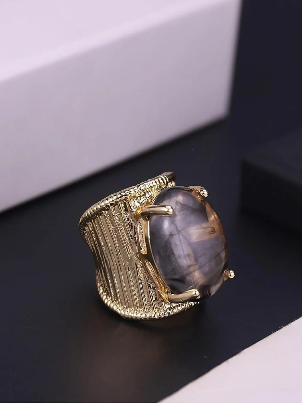Gold Tone Smoky Marbled Oval Statement Ring Chunky Boho Cocktail Ring